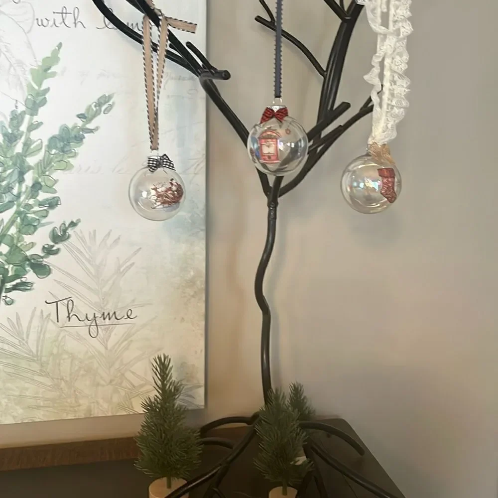 Upcycled Clear Glass Ornaments 3 Different Christmas Balls stocking, sleigh, hut